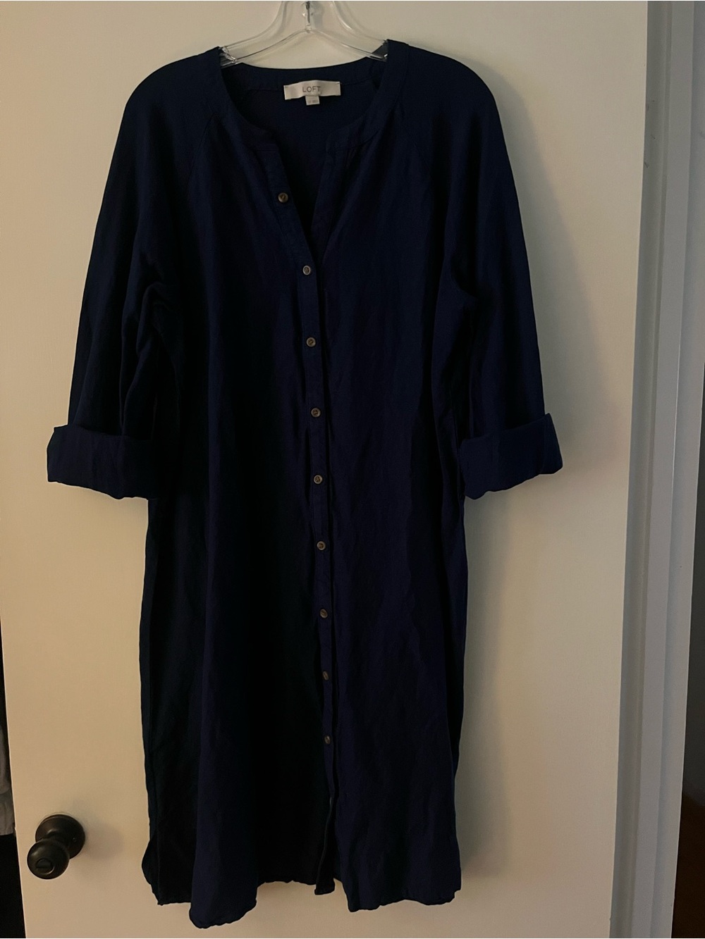 LOFT Navy Button-Front Long Sleeve Shirt Dress